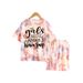 Mother & Kids INS Girls Summer Casual Tie Dye Full Print Round Neck Short Sleeve 2 Piece Set Fashion Casual Suit_viptrois.com