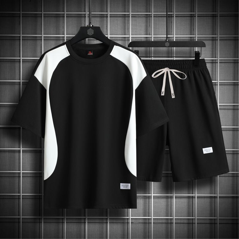 Men's Clothing Hong Kong style new summer men's trendy loose clothing trendy brand student short-sleeved T-shirt suit five-point sleeve two-piece suit_viptrois.com