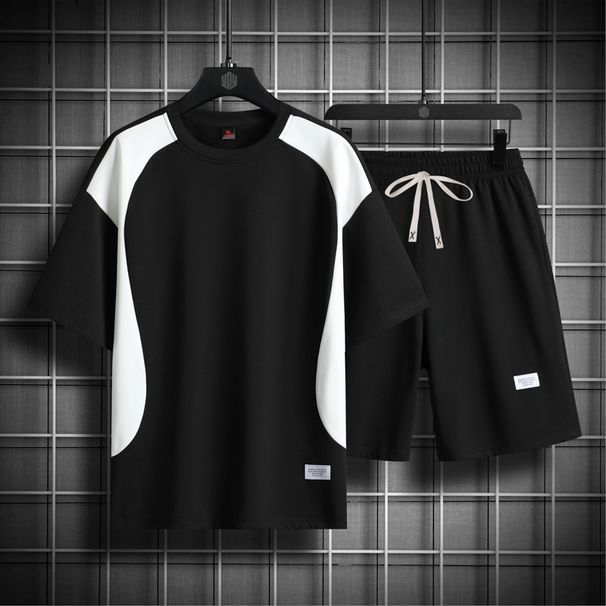 Men's Clothing Hong Kong style new summer men's trendy loose clothing trendy brand student short-sleeved T-shirt suit five-point sleeve two-piece suit_viptrois.com