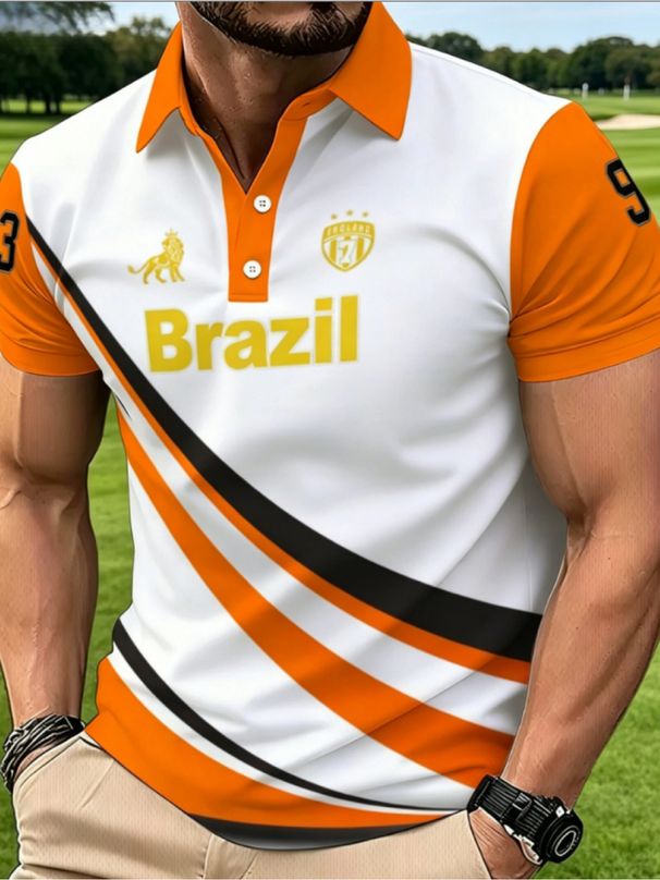 Polo Uomo Taglio Dritto Stampa Tema Brasiliano Arancione-bianco, Colletto Risvolto Manica Corta Leggero Casual Golf Varie Taglie_viptrois.com
