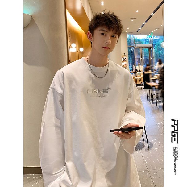 Solid Color Pure Cotton Long Sleeved T-Shirt For Men In Autumn, Oversized Round Neck Sweatshirt, American Style Base_viptrois.com