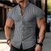Men's Clothing New Summer European And American Men's Shirt Blue Teenager Home Solid Color Short Sleeved Lapel Shirt Cotton And Linen Top_viptrois.com