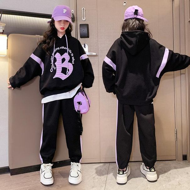 Girls Spring And Autumn Sports Suit 2024 New Style Middle And Large Children Loose Children's Hooded Sweater Children's Clothing Two Piece Set_viptrois.com