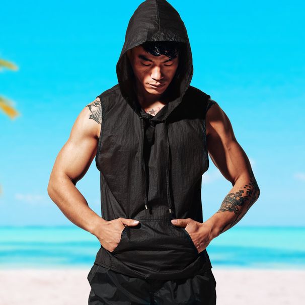 Men's Clothing Fashion Vest With Hood Semi Transparent Sports Sleeveless Loose Beach Tops_viptrois.com
