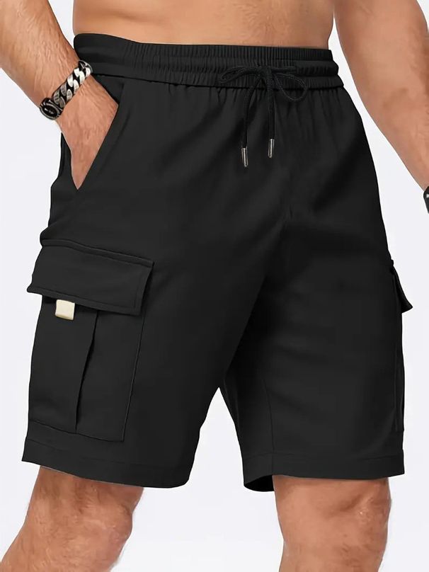 Multi Pocket Woven Work Shorts Men's Solid Color Casual Loose Sports Pants Straight Leg Shorts Men_viptrois.com