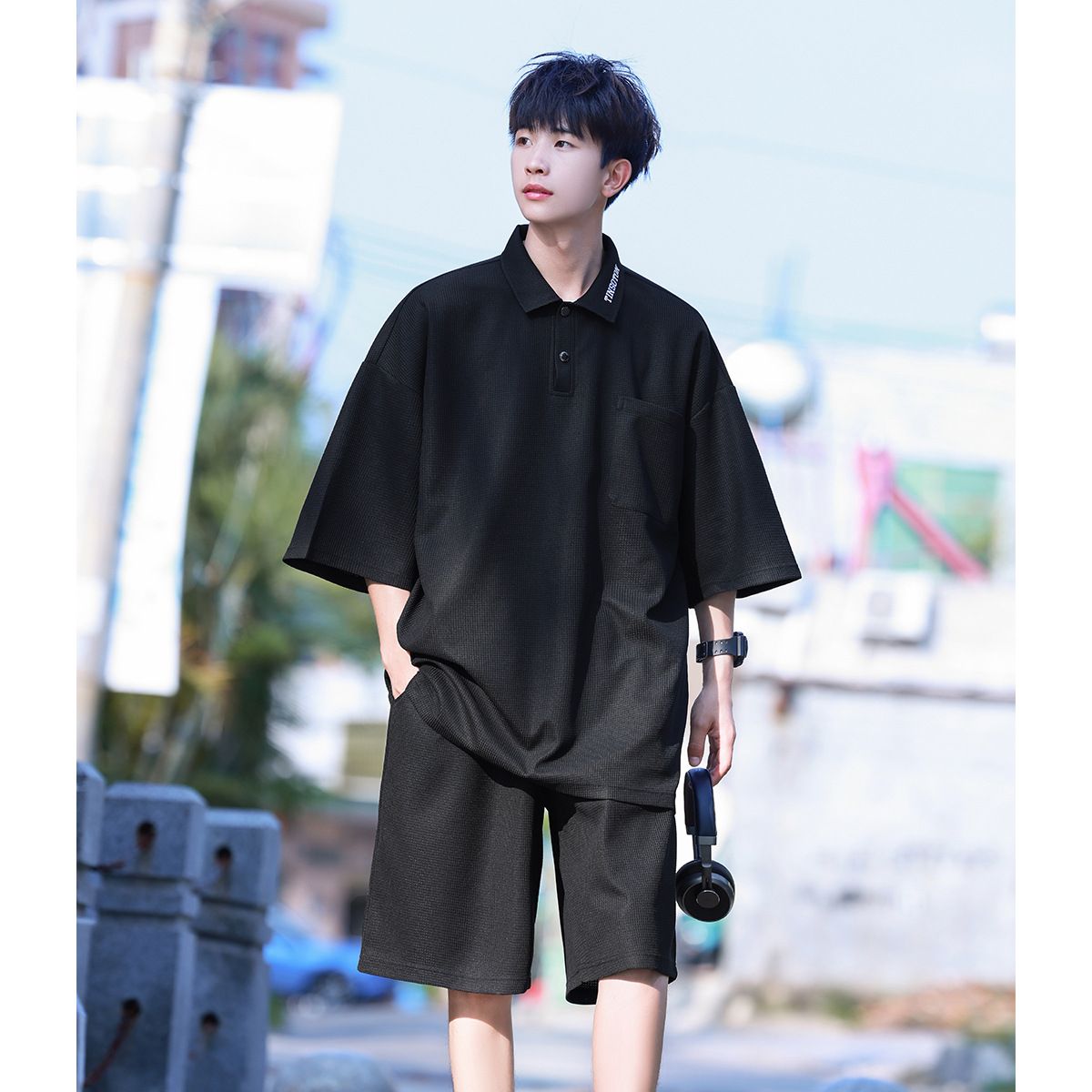 Men's Clothing Solid Color Casual Collar Embroidery Men's Short Sleeve Suit _viptrois.com