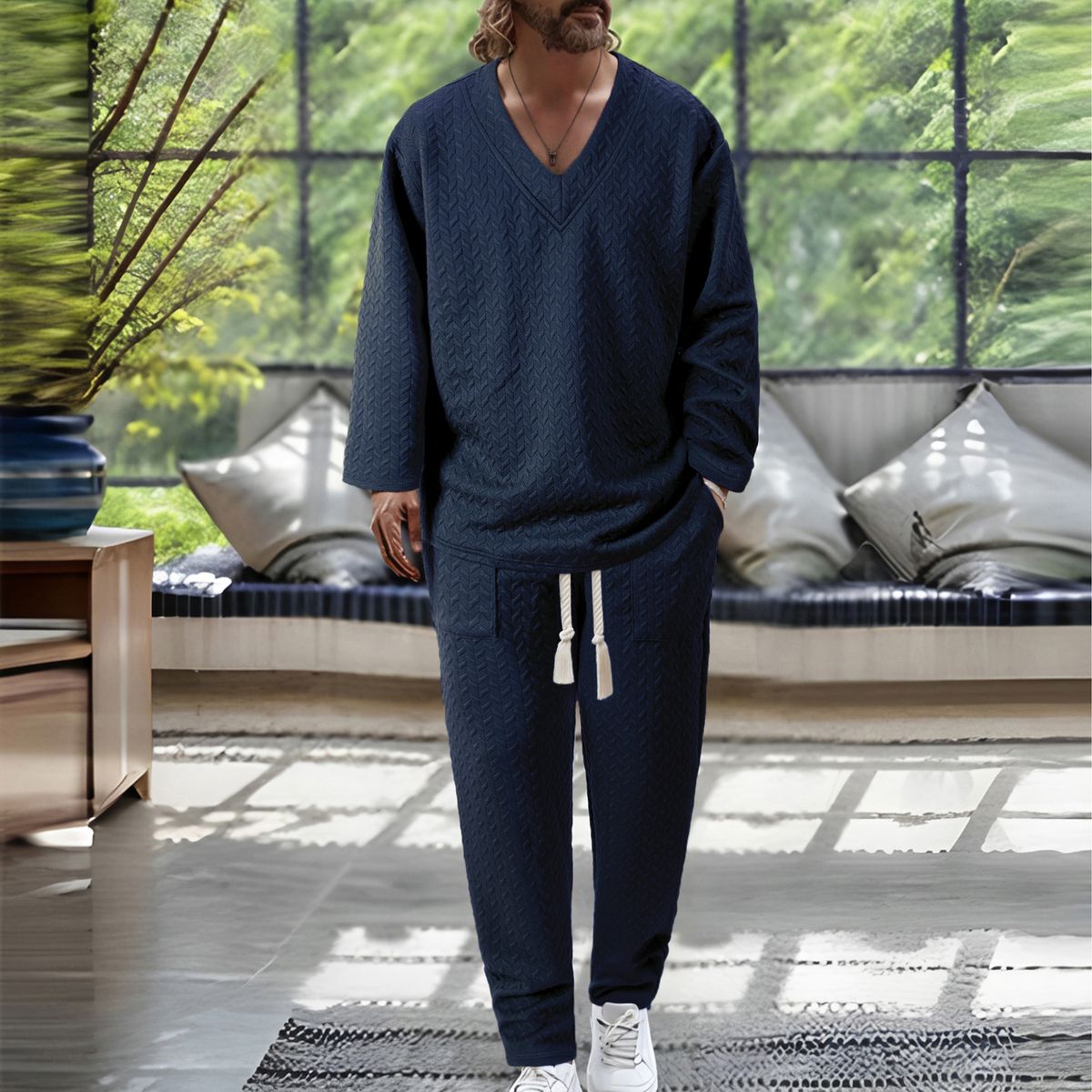 European And American Autumn Casual Men's Textured Solid Color V Neck Pullover Short Sleeved Drawstring Pocket Trousers Suit_viptrois.com