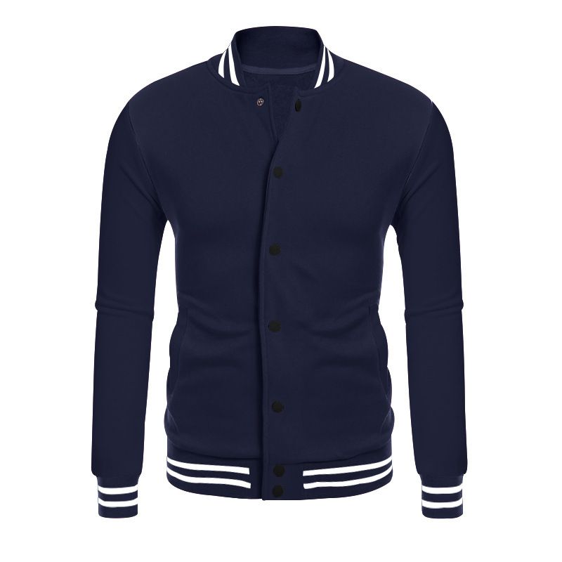 Men's Clothing Vintage American-Style Fleece Baseball Jacket – Thick Polyester Blend, Stand Collar, Ribbed Hem (Navy, Black, Red) – Relaxed Fit_viptrois.com