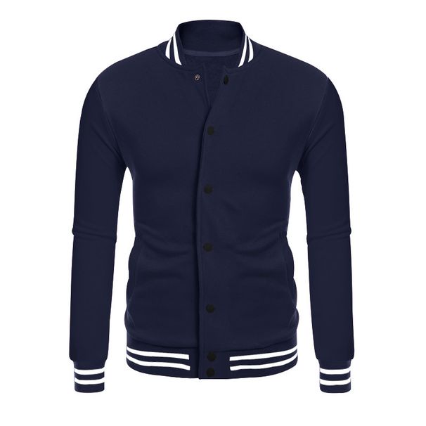 Men's Clothing Vintage American-Style Fleece Baseball Jacket – Thick Polyester Blend, Stand Collar, Ribbed Hem (Navy, Black, Red) – Relaxed Fit_viptrois.com
