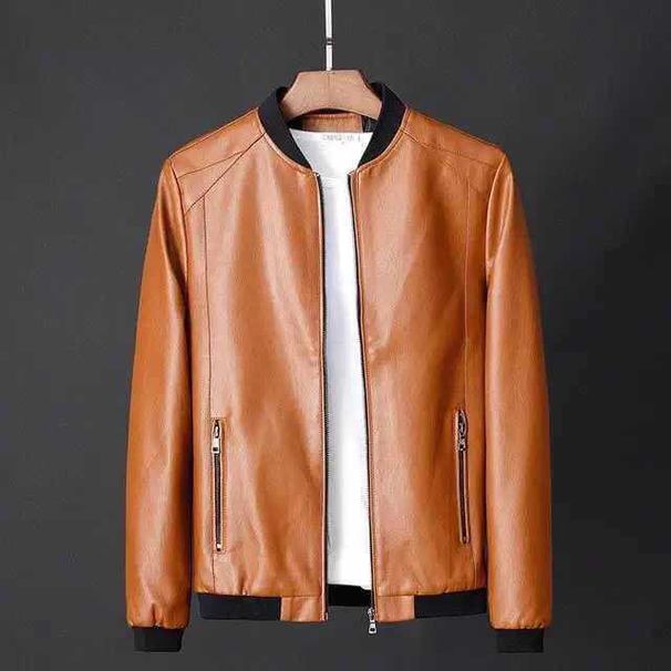 New Men's PU Leather Jacket Slim Fit Fashionable Stand Collar Zipper Casual Outerwear For Autumn (Black, Blue, Yellow) S-8XL_viptrois.com