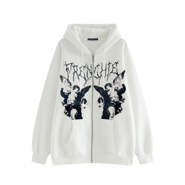 2021 New Trendy Street Style Loose Hooded Sweatshirt Dark Print Jacket Fleece Winter Coat With Zipper_viptrois.com