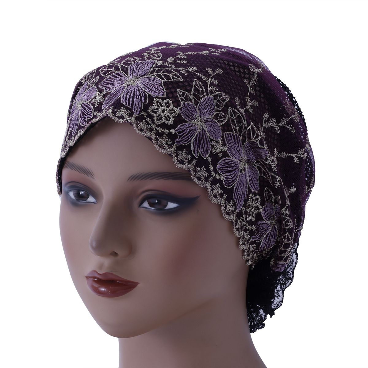 Double Layer Embroidered Fishtail Headscarf Hat – Elegant Lace Cover For Women (White Hair Friendly Design)_viptrois.com