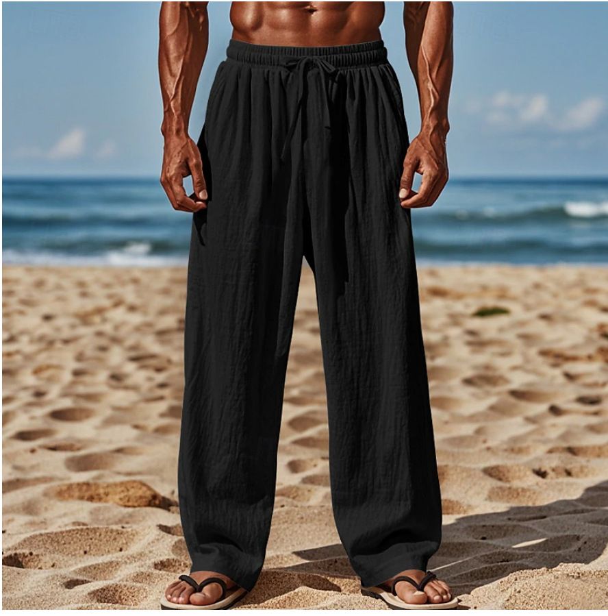 Men's Clothing Cotton And Linen Casual Trousers Solid Color Drawstring Elastic Waist Daily Leisure Breathable_viptrois.com