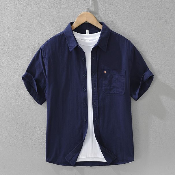 Solid Color Fresh Short Sleeved Shirt For Men, Fashionable And Versatile, Artistic And Casual Loose Top_viptrois.com