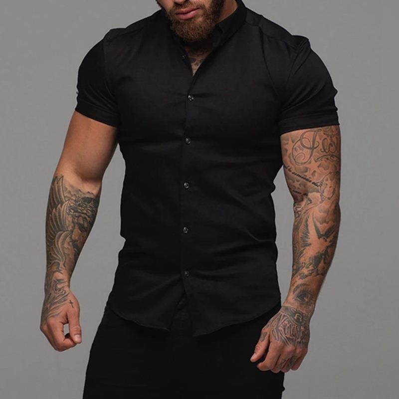 Men's Clothing Shirt Short Sleeve Lapel Elastic Thin Solid Color Sports Casual_viptrois.com