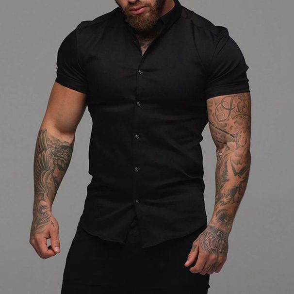 Men's Clothing Shirt Short Sleeve Lapel Elastic Thin Solid Color Sports Casual_viptrois.com