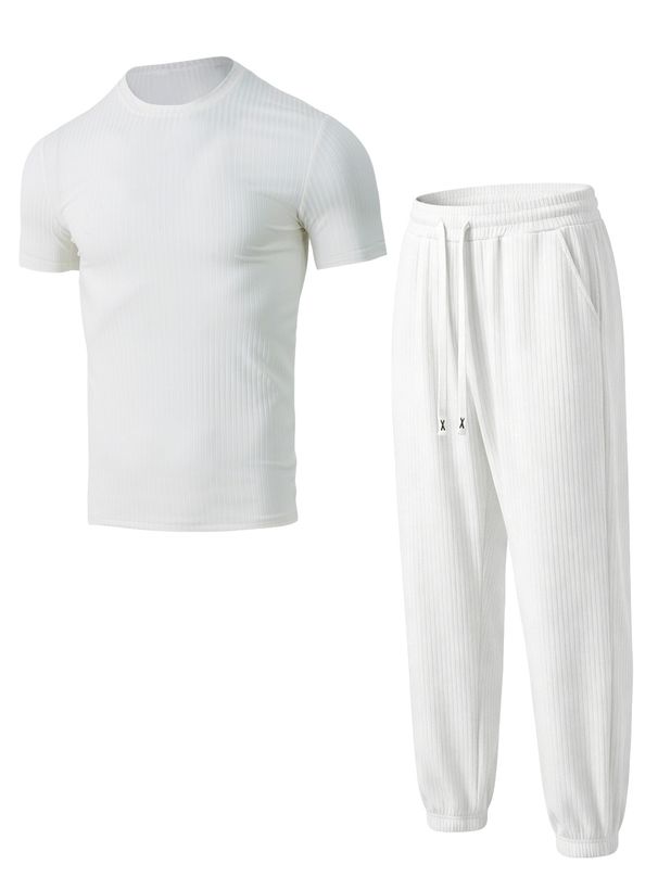 Men's Clothing Men's Vertical Striped Ribbed Crew Neck Long Sleeve T-Shirt And Jogger Pants Set Casual Breathable Loose Fitting Two-Piece Outfit_viptrois.com