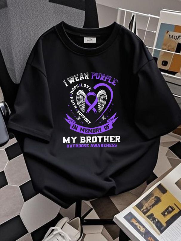 Overdose Awareness T Shirt In Memory Of Brother Purple Ribbon Graphic Homme Summer Comfortable Stylish Soft Versatile Stretched Fashion Breathable_viptrois.com