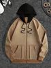 Men's Fleece-Lined Hooded Zip-Up Jacket - Winter Warm Pullover With Thickened Interior, Streetwear Oversized Fit, Polyester Shell (Khaki/Black)_viptrois.com