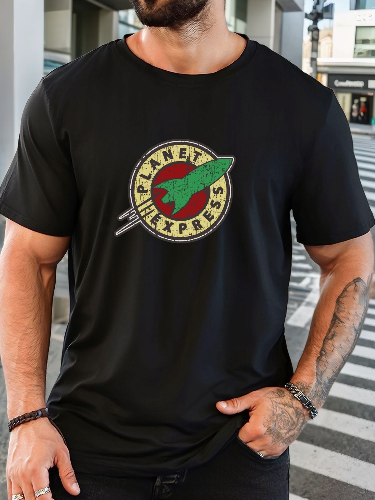 Maglietta Uomo Verde 100% Cotone 180g Collo Tondo Stampa Spazio Retrò Planet Express Leggera Traspirante Vestibilità Regolare_viptrois.com