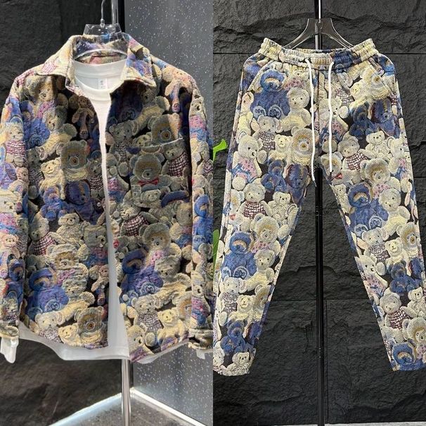 2025 Spring And Autumn New Jacquard Bear Trend Suit Flower Pants Gangster Handsome Harun Long Pants Korean Thin_viptrois.com