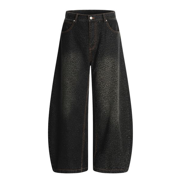 American Style Leopard Print Scimitar Jeans Men's High Street Vibe Trendy Washed Vintage Loose Fit Wide Leg Pants_viptrois.com