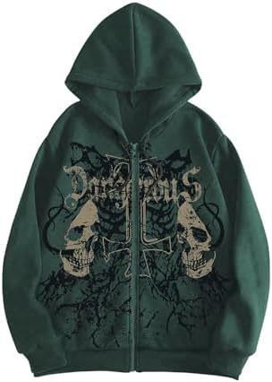 WDIRARA Men's Casual Long Sleeve Hoodie Zip up Skull Print Drawstring Design Gothic Style Streetwear for Men_viptrois.com
