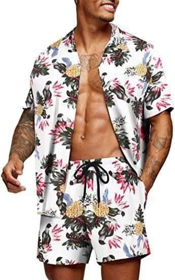Men's Clothing Loose Hawaiian Style Youth Floral Print Casual Shirt Set_viptrois.com