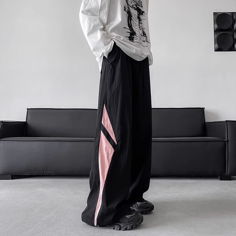 Men's Color Blocked Striped Quick Drying Paratrooper Casual Pants Wide Leg Loose Fit Breathable Floor Length Trousers for Summer_viptrois.com