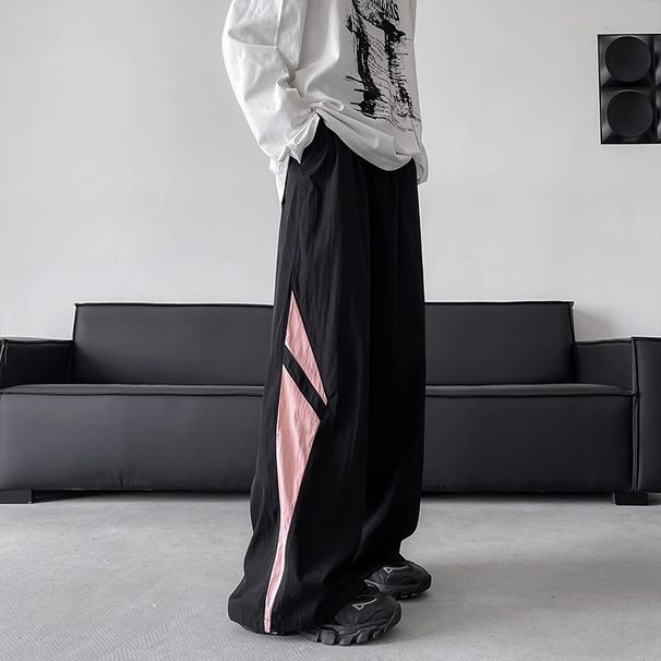 Men's Color Blocked Striped Quick Drying Paratrooper Casual Pants Wide Leg Loose Fit Breathable Floor Length Trousers for Summer_viptrois.com