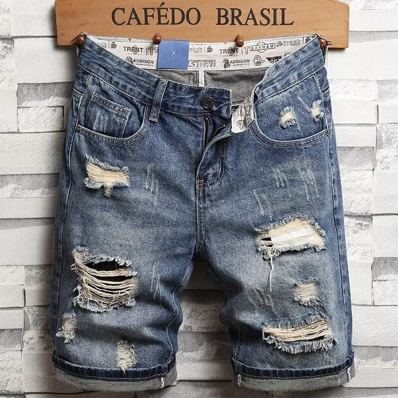 Men's Clothing Summer Vintage Ripped Short Jeans Streetwear Fashion Straight Slim Fit Denim Shorts_viptrois.com