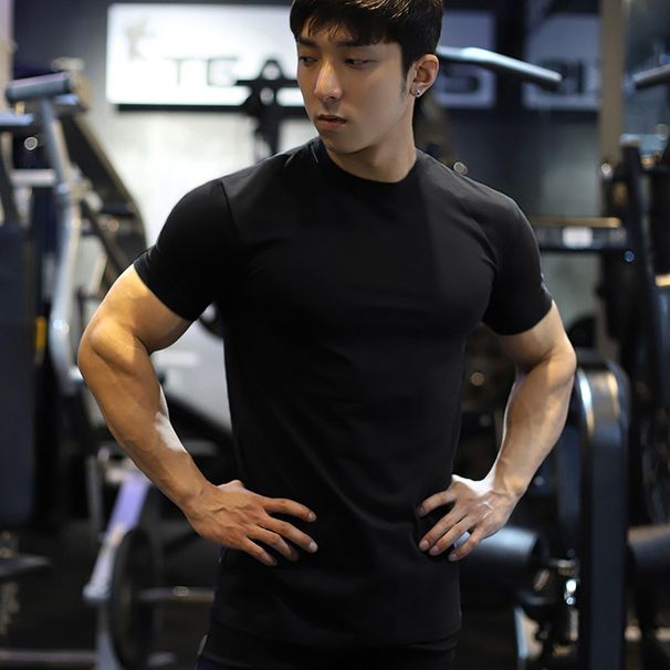 Men's Clothing New Sports Slim Fit Short Sleeve Elastic Loose Fitness Quick Dry Muscle Solid Color T Shirt_viptrois.com