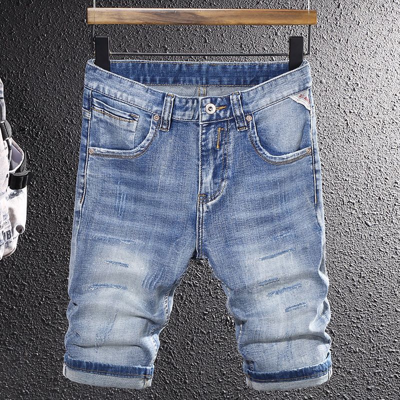 Men's Simple Trend Light Blue Ripped Denim Shorts Men's Fashion Versatile Casual Stretch Shorts Men's Mid-Length Pants_viptrois.com