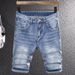Men's Simple Trend Light Blue Ripped Denim Shorts Men's Fashion Versatile Casual Stretch Shorts Men's Mid-Length Pants_viptrois.com