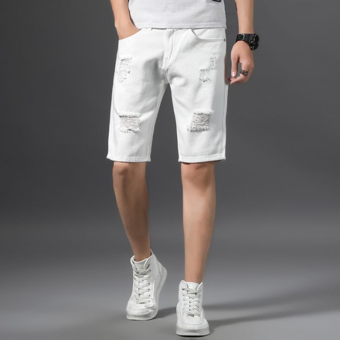 Men's Clothing White Ripped Denim Shorts Men's Straight Pants Trendy Brand Ins Shorts Slim Breeches_viptrois.com