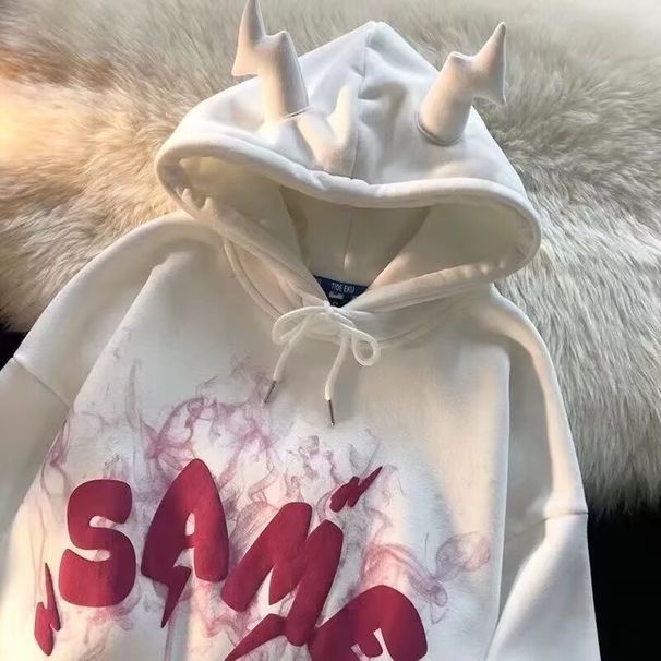 Devil Trend Print Hooded Sweatshirt – Unisex Couple Pullover With Horns (Black, White, Dark Gray, S-XXXL)_viptrois.com