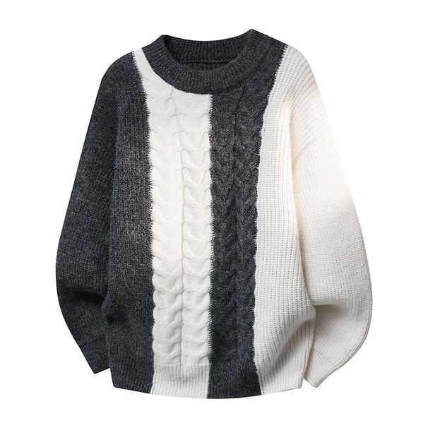 Unisex Contrast-Color Knit Sweater – Oversized Crewneck Pullover (Black & White/Coffee/Muted Grey, M-4XL, 90% Polyester Cozy Fit)_viptrois.com
