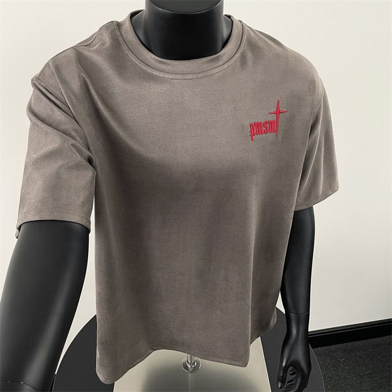 Men's Clothing Retro Embroidered T Shirt For Men Simple And High End Wear Navy Blue Short Sleeves Straight Shoulder And Small Collar_viptrois.com