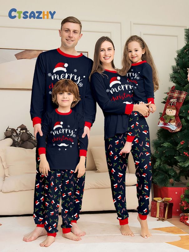 Christmas Santa hat alphabet crutch Christmas family suit printed homewear pajamas_viptrois.com