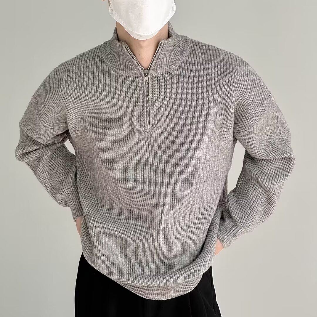 Half Zip High Neck Sweater Men's Autumn New Versatile Woolen Jacket Trendy Pullover Sweater_viptrois.com
