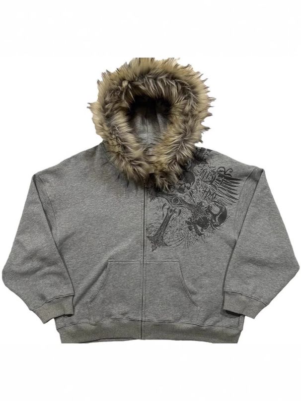 Men’s Hip Hop Hooded Cardigan – Retro Print Sweatshirt With Fluffy Hat (Black/Gray/White, S-XXXL)_viptrois.com