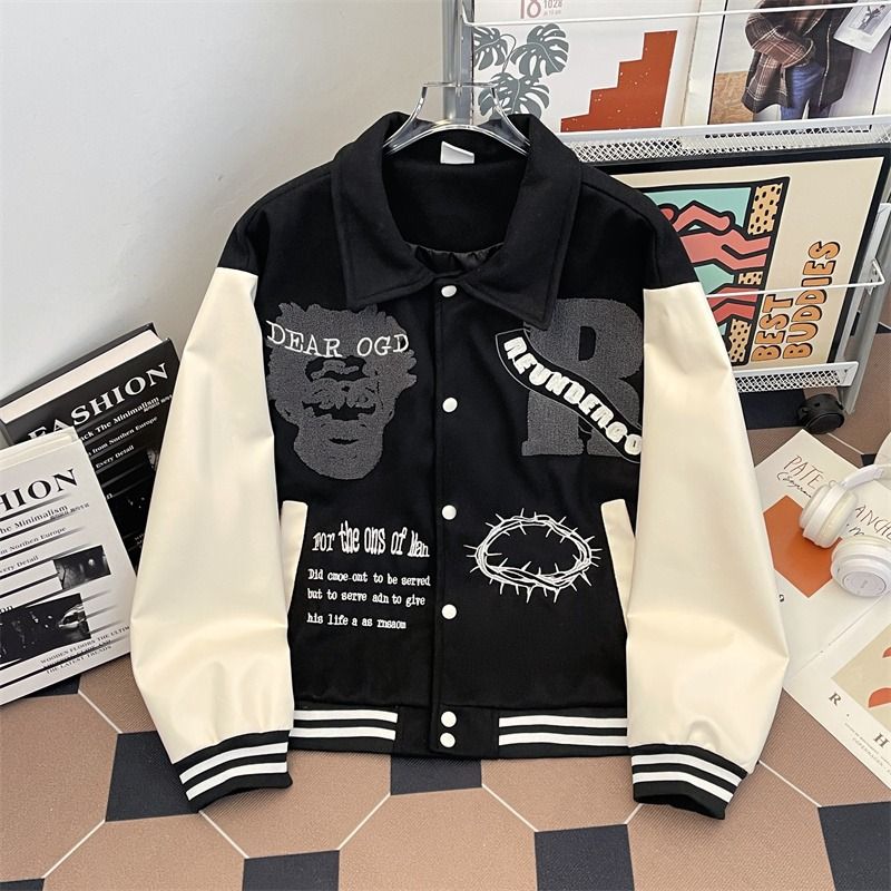Men's Clothing Hip-Hop Heavyweight Embroidered Baseball Jacket - Retro Collar, Color Blocking, Streetwear Fashion (Black/Yellow, Sizes M-XXL)_viptrois.com
