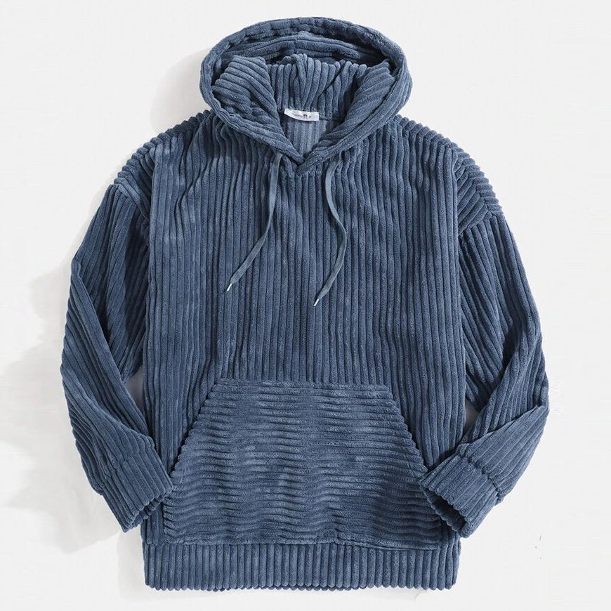 2022 Men's Thickened Corduroy Long Sleeve Solid Color Kangaroo Pocket Drop Shoulder Hoodie_viptrois.com