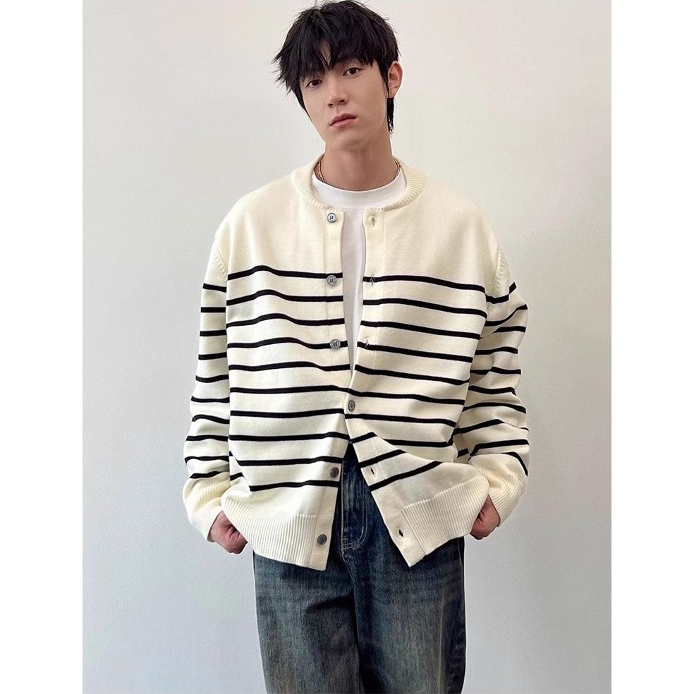 New Striped Cardigan Jacket, Knitted Sweater, Men's And Women's Round Neck_viptrois.com