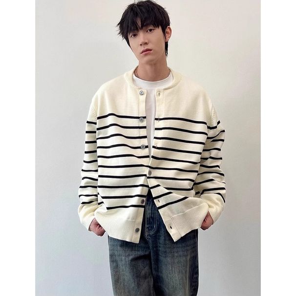 New Striped Cardigan Jacket, Knitted Sweater, Men's And Women's Round Neck_viptrois.com