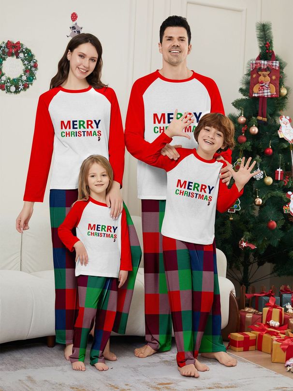 Christmas socks plaid letters Christmas family suit printed home dress pajamas_viptrois.com