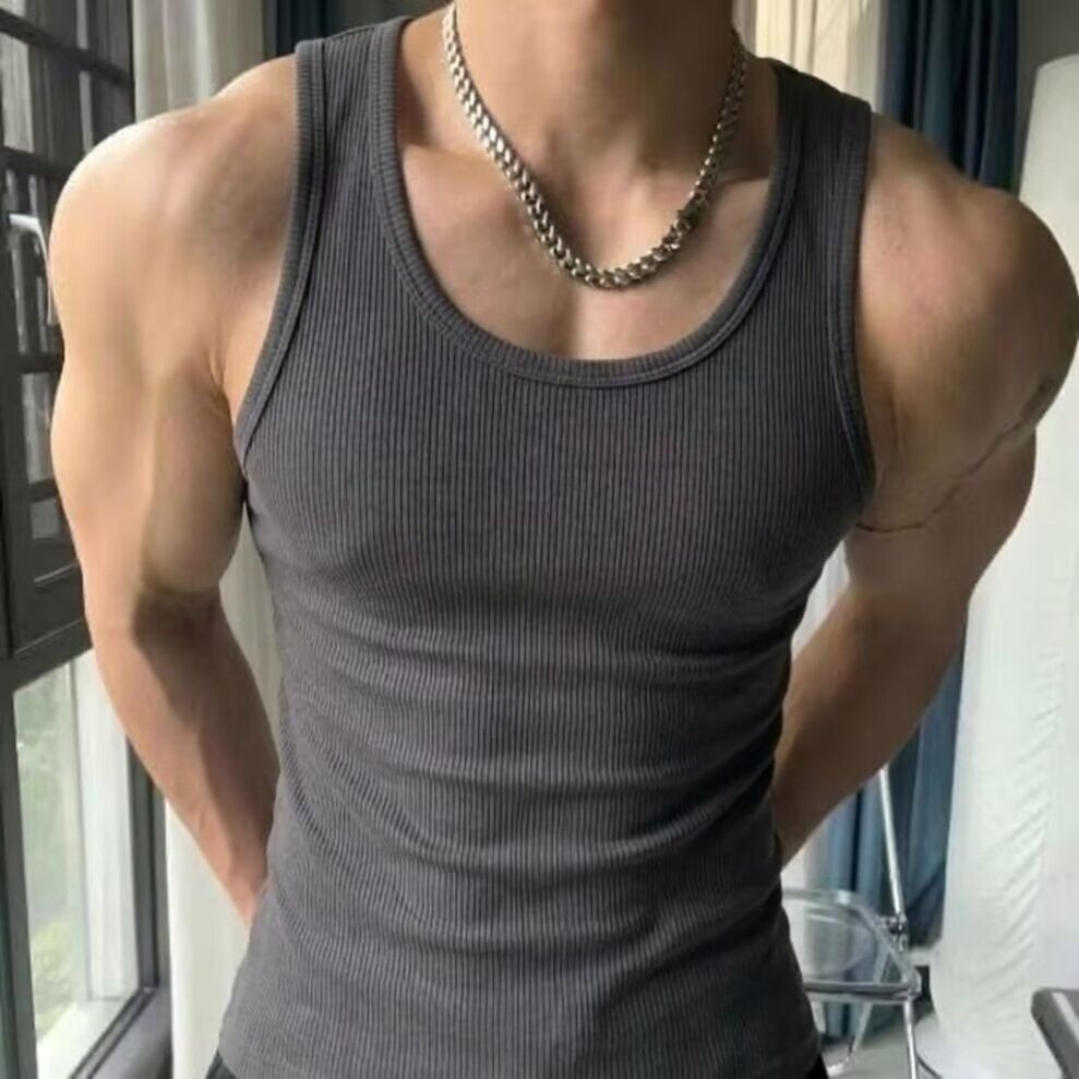 Men's American Style Heavyweight Ribbed Sports Vest Sleeveless Casual Stretchy Figure Flattering Basketball Fitness Base Layer_viptrois.com