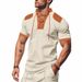 Men's Clothing Retro Lace Up V Neck Fashion Casual Colorblock Short Sleeved T Shirt_viptrois.com