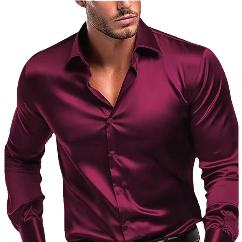 Burgundy Men's Business Casual Long Sleeve Commuter Work Shirt Glossy Reflective Silky Satin_viptrois.com