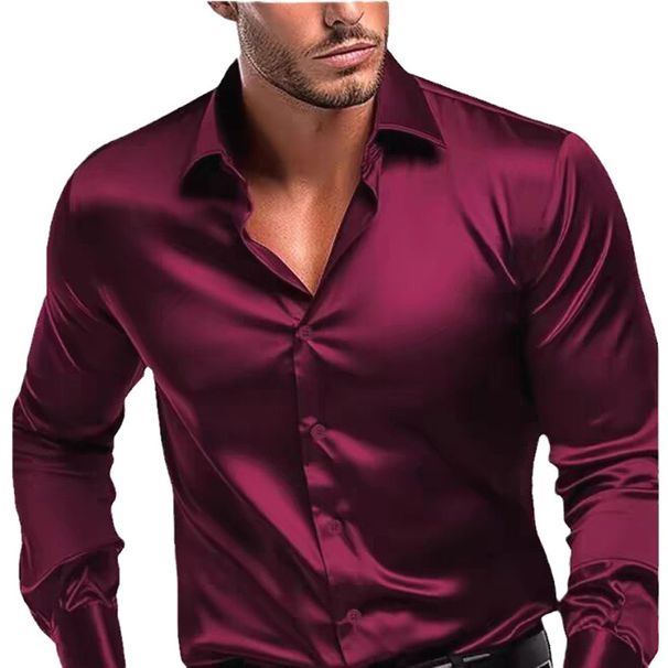 Burgundy Men's Business Casual Long Sleeve Commuter Work Shirt Glossy Reflective Silky Satin_viptrois.com